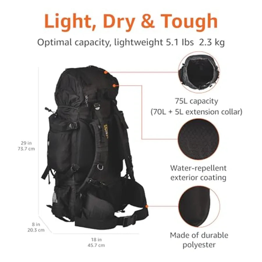 Internal Frame Hiking Backpack With Adjustable Straps And Rainfly