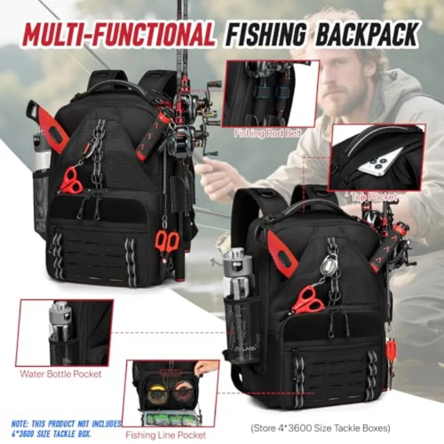 Fishing Tackle Backpack With Two Rod Holders And Gear Storage