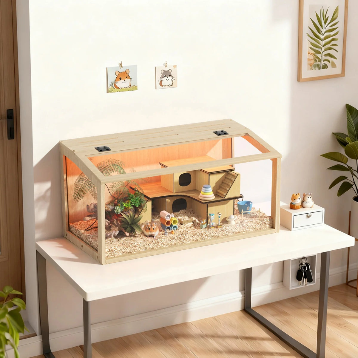 Chewproof Wooden Hamster Cage Tempered Glass Panels And LED Light