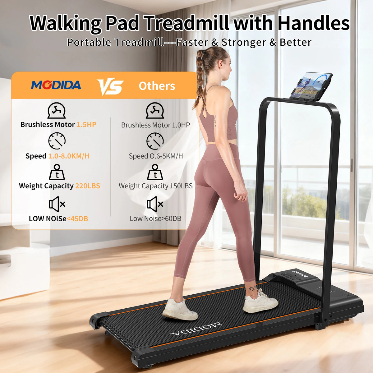 MODIDA Walking Pad Treadmill With Foldable Handrail And Quiet Motor