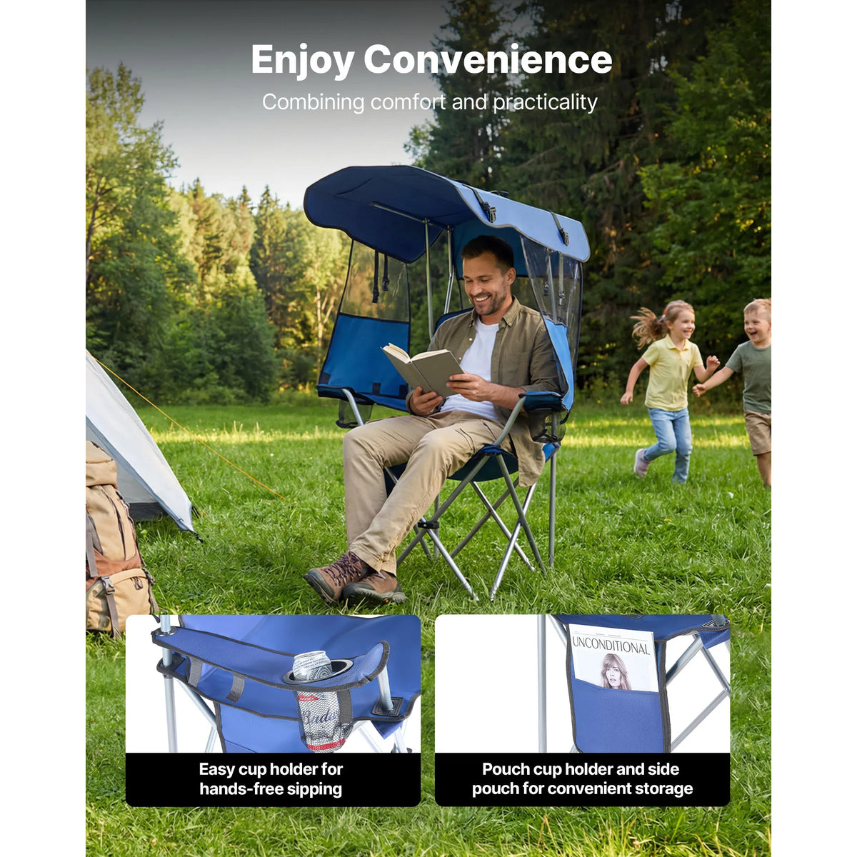 SucceBuy Canopy Camping Chair With Cup Holders And Magazine Pocket