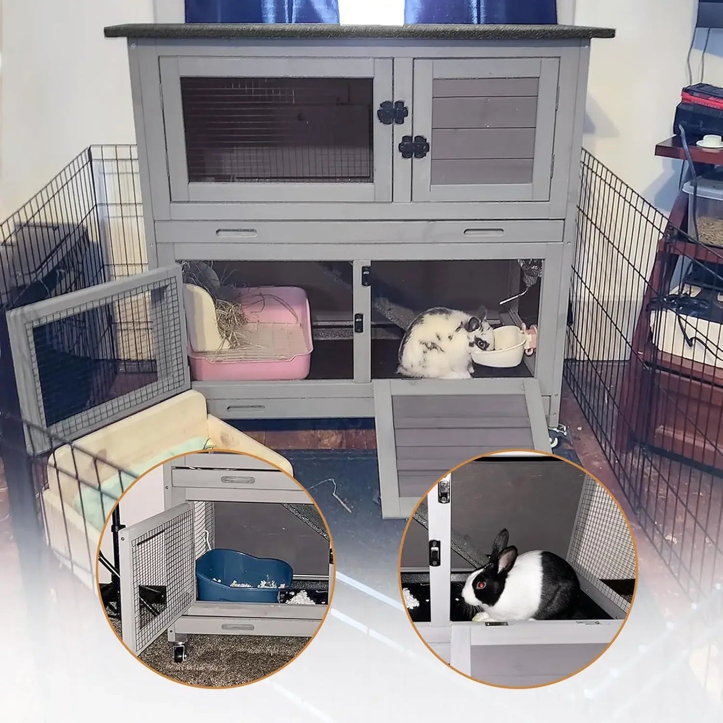 Rabbit Hutch Indoor Outdoor Cage With Casters And Trays