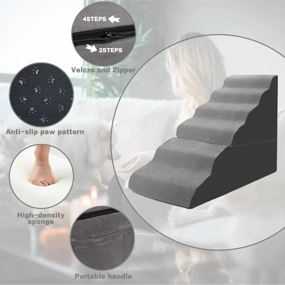 Dog Stairs For Bed 6-Step Foam Pet Steps For Small And Large Dogs
