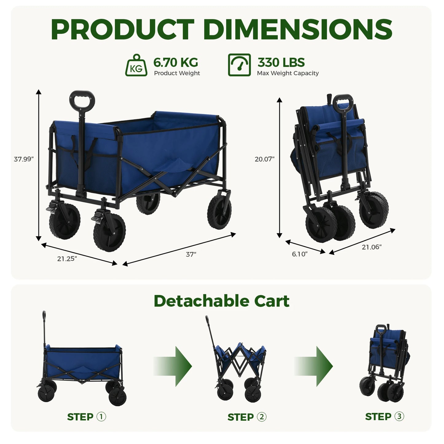 JHK 102L Heavy Duty Collapsible Wagon With Wheels 330 Capacity