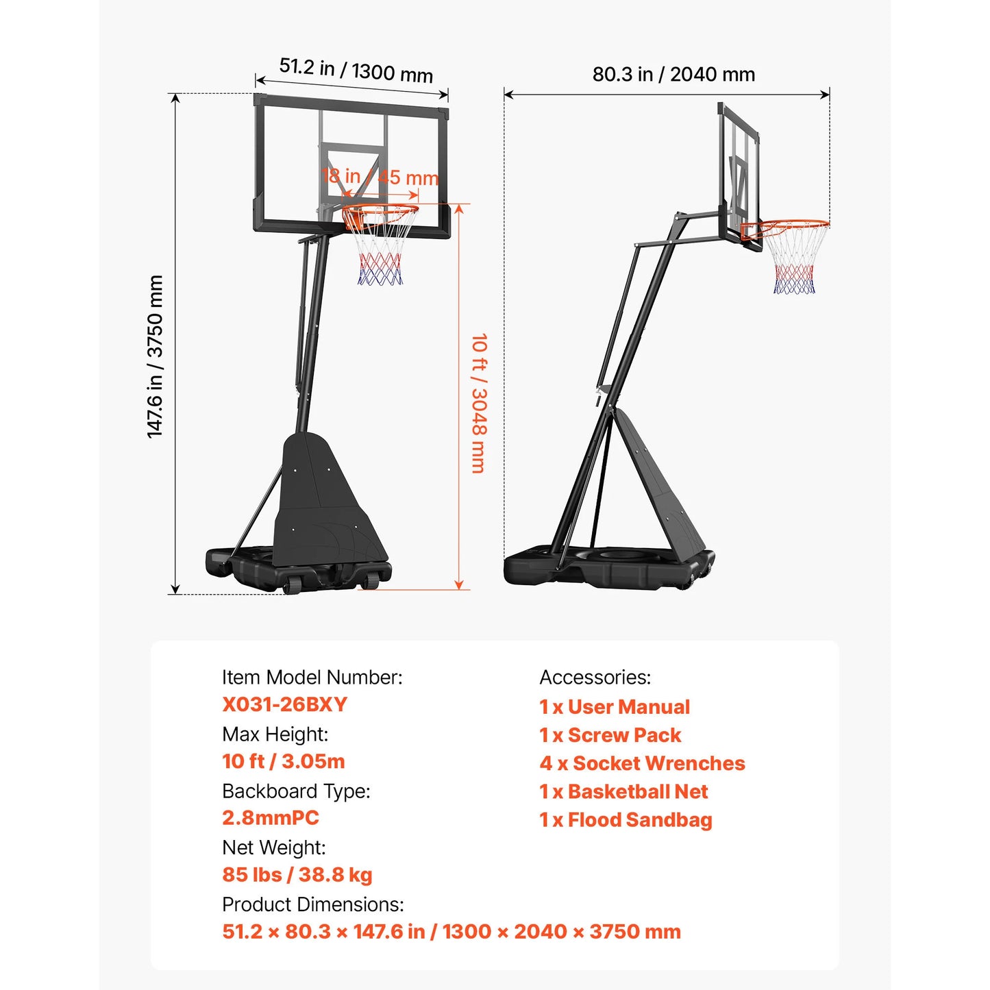 Portable Basketball Stand With Adjustable Height And Polycarbonate Backboard