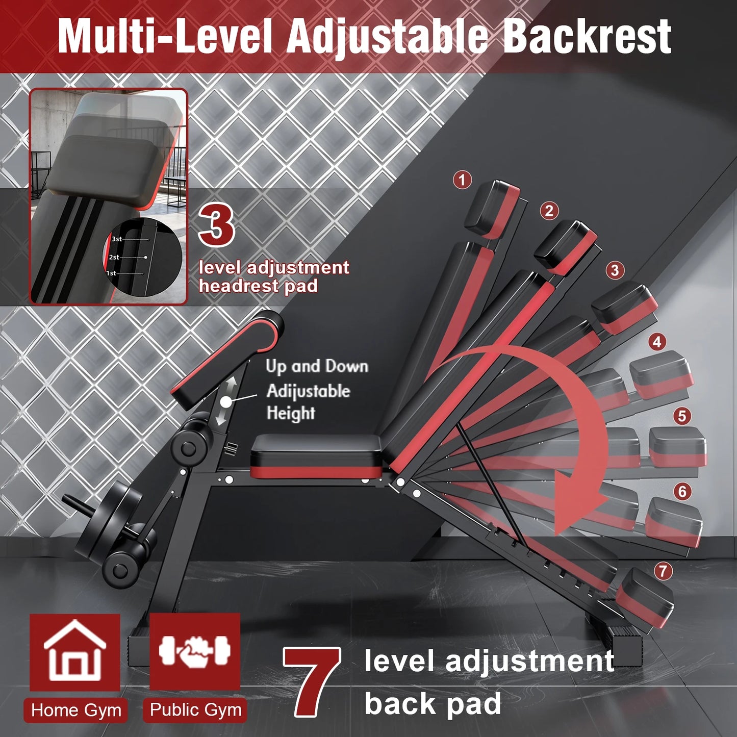 7 Level Foldable Weight Bench With Extended Headrest And Incline