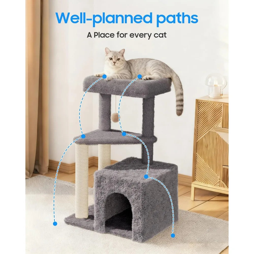 Multi Level Cat Tree Tower 33 Inch Condo Scratching Posts Large Perch Hanging Toy for Big Indoor Cats Gray