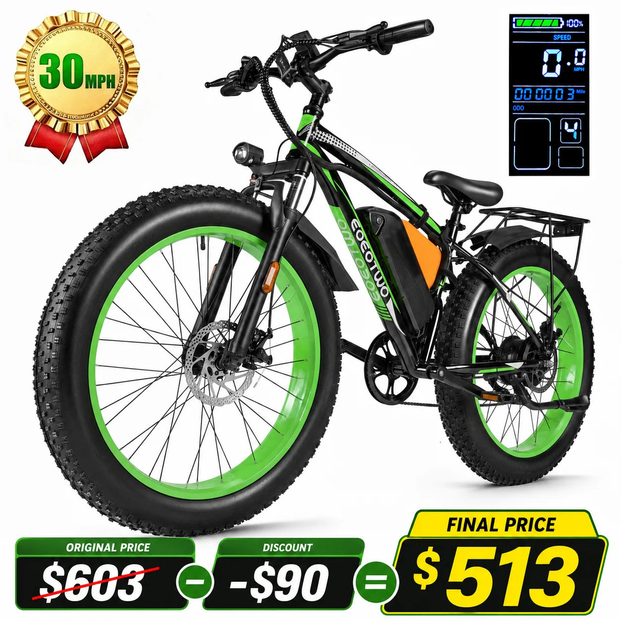 EOEOTWO Fat Tire Electric Bike 48V 20Ah Battery 1000W Motor Up To 30 MPH