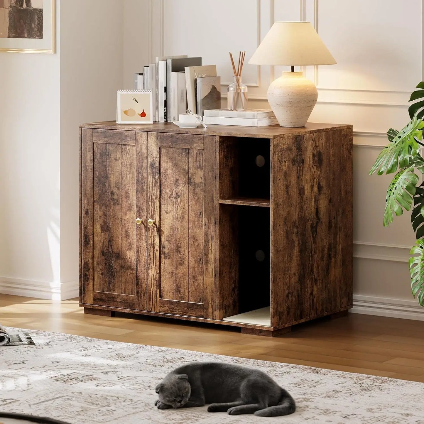 HiMISS Cat Litter Box Enclosure Cabinet With Built-In Outlet