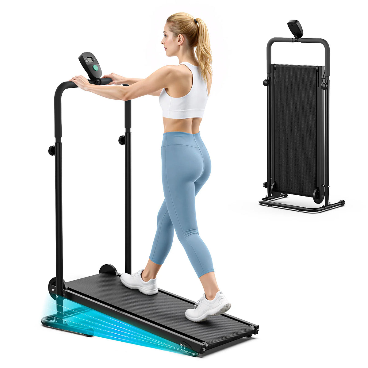 AKLUER Non Motorized Treadmill with Dual Flywheel and LCD Monitor