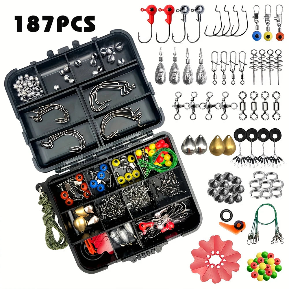 187 Piece Fishing Tackle Kit With Hooks Baits And Sinkers