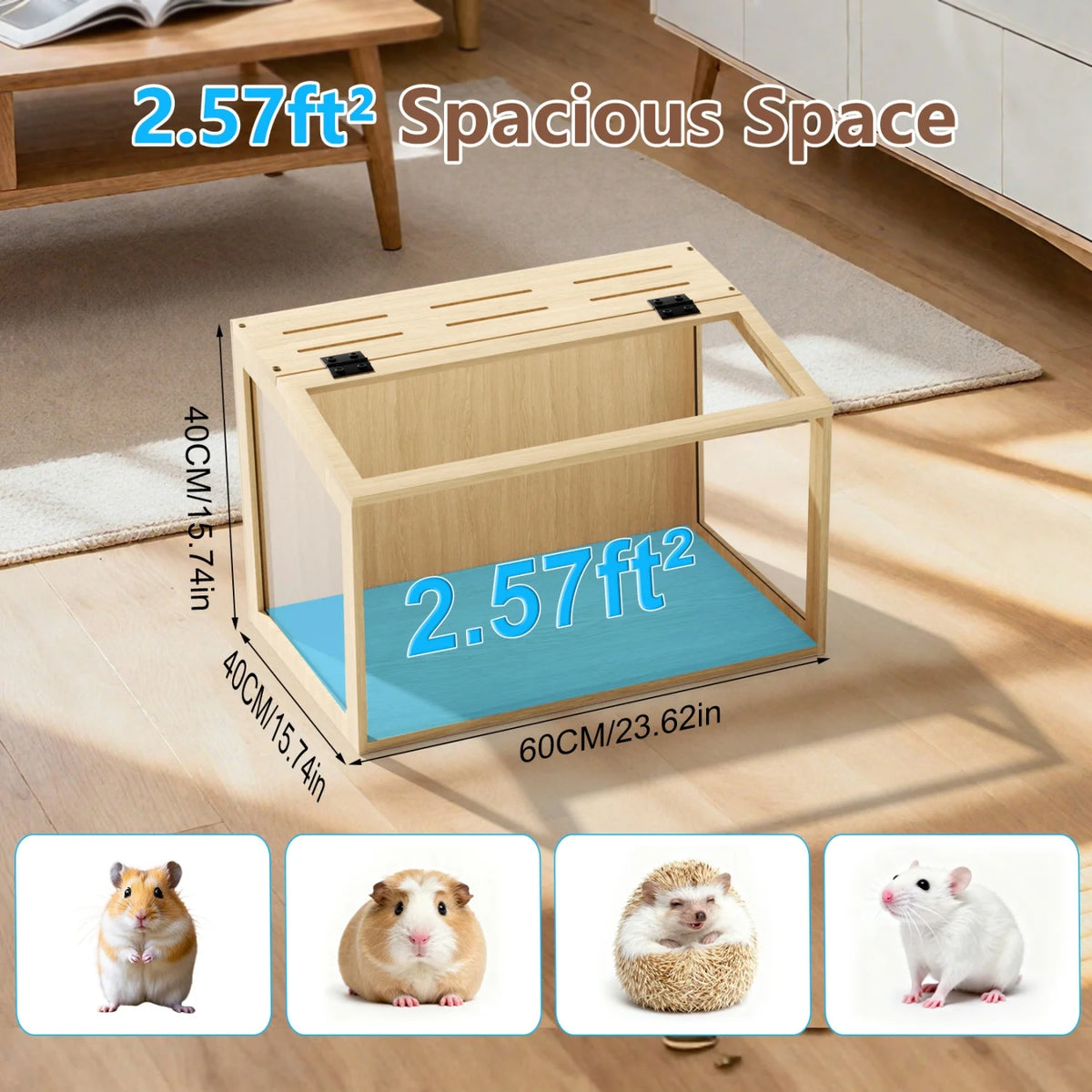 Chewproof Wooden Hamster Cage Tempered Glass Panels And LED Light