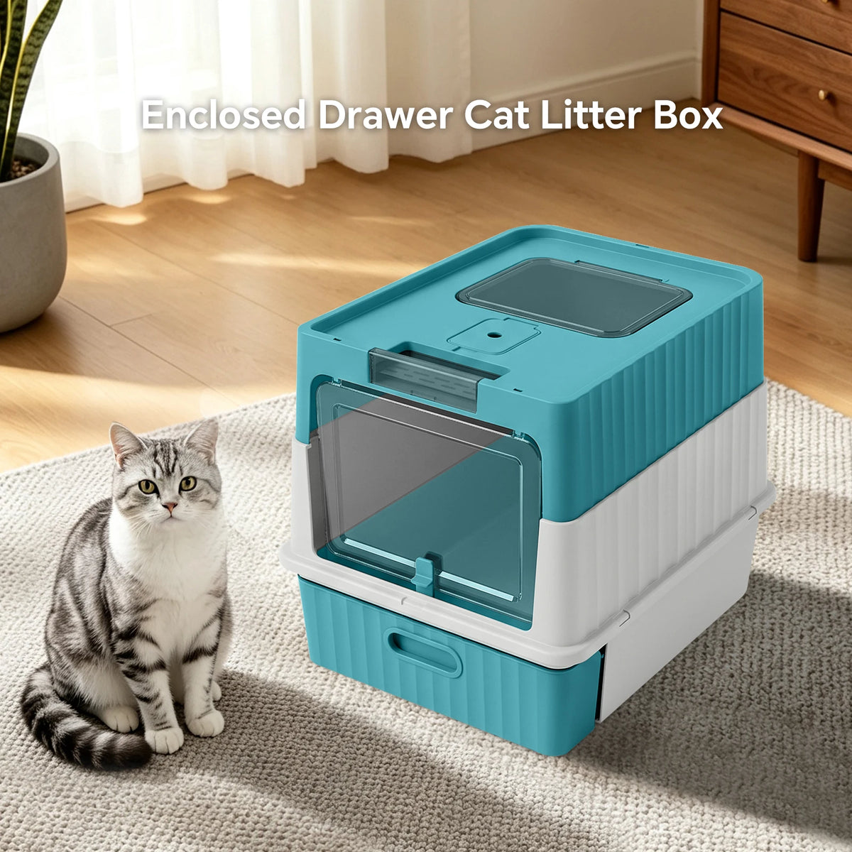 Mofang Enclosed Cat Litter Box With Easy Clean Drawer Scoop