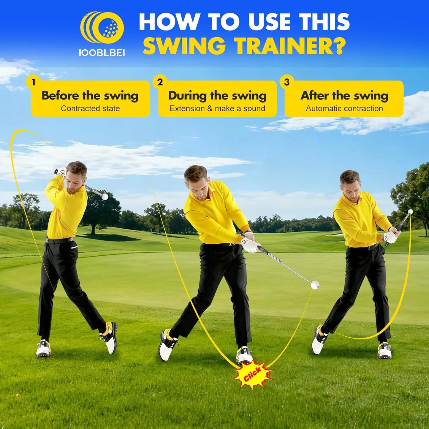 Retractable Golf Swing Trainer with Arm Band - Click Stick Golf Training Aid, Right/Left -Handed Golf Swing Practice Stick for Chipping & Hitting, Portable Indoor Outdoor Golf Practice Stick