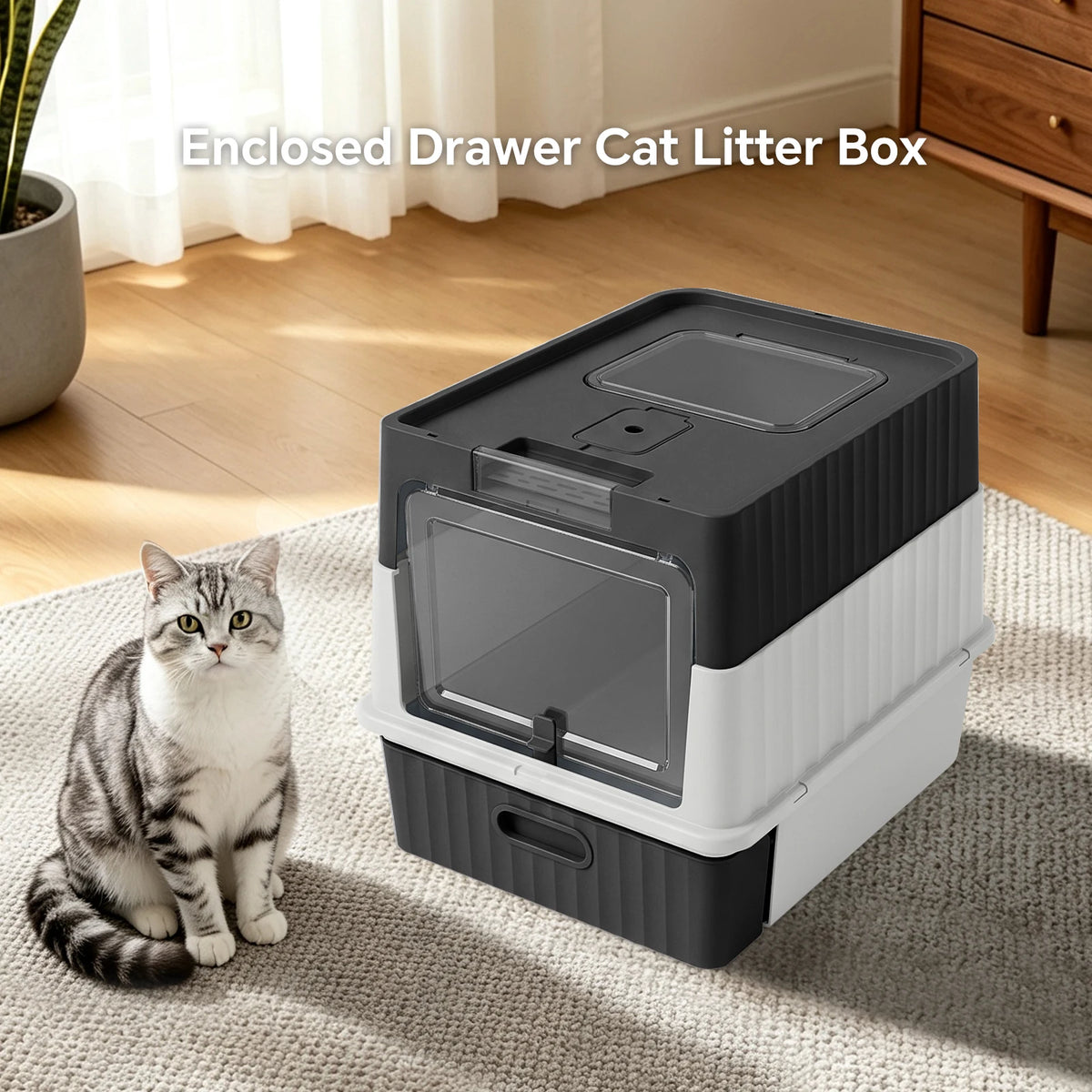 Mofang Enclosed Cat Litter Box With Easy Clean Drawer Scoop