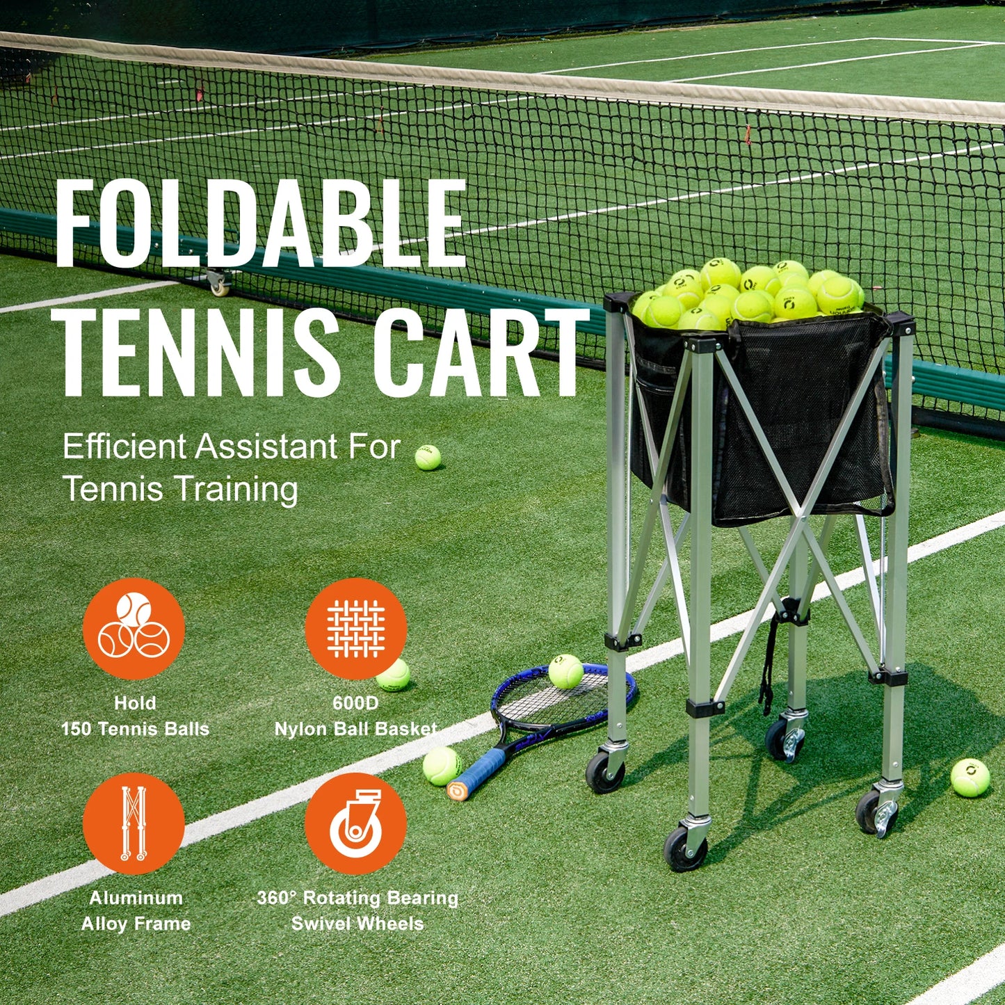 SucceBuy Foldable Tennis Ball Cart With Wheels For Sports Coaching