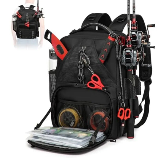 Fishing Tackle Backpack With Two Rod Holders And Gear Storage