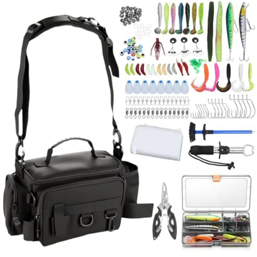 Fishing Tackle Bags With Tackle Box Waterproof Padded Strap 136 Pcs Lures Kit