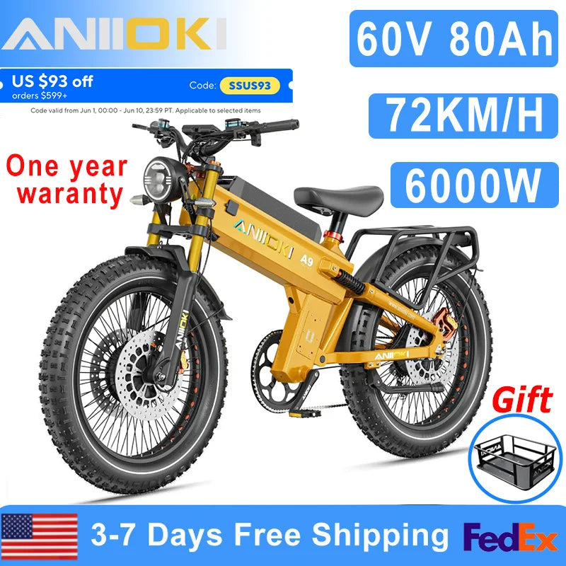 Electric Bike 6000W Dual Motor AWD Fat Tire 60V Plus