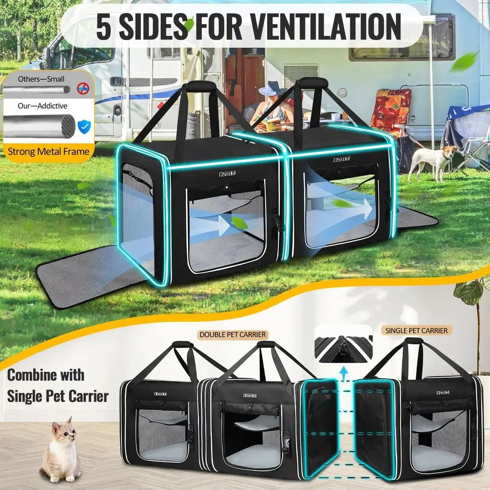Portable Double Cat Carrier With Litter Box For Multiple Cats