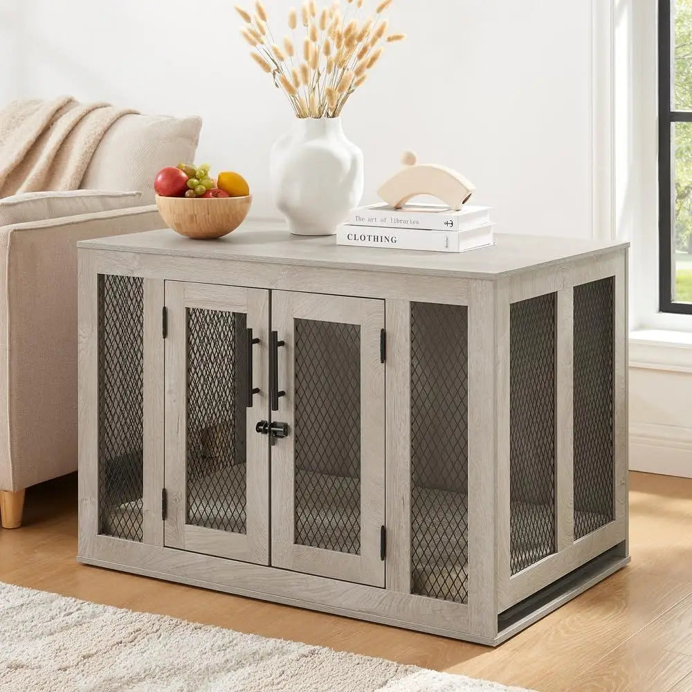 Modern End Table Dog Crate With Sturdy Tray And Comfort Cushion
