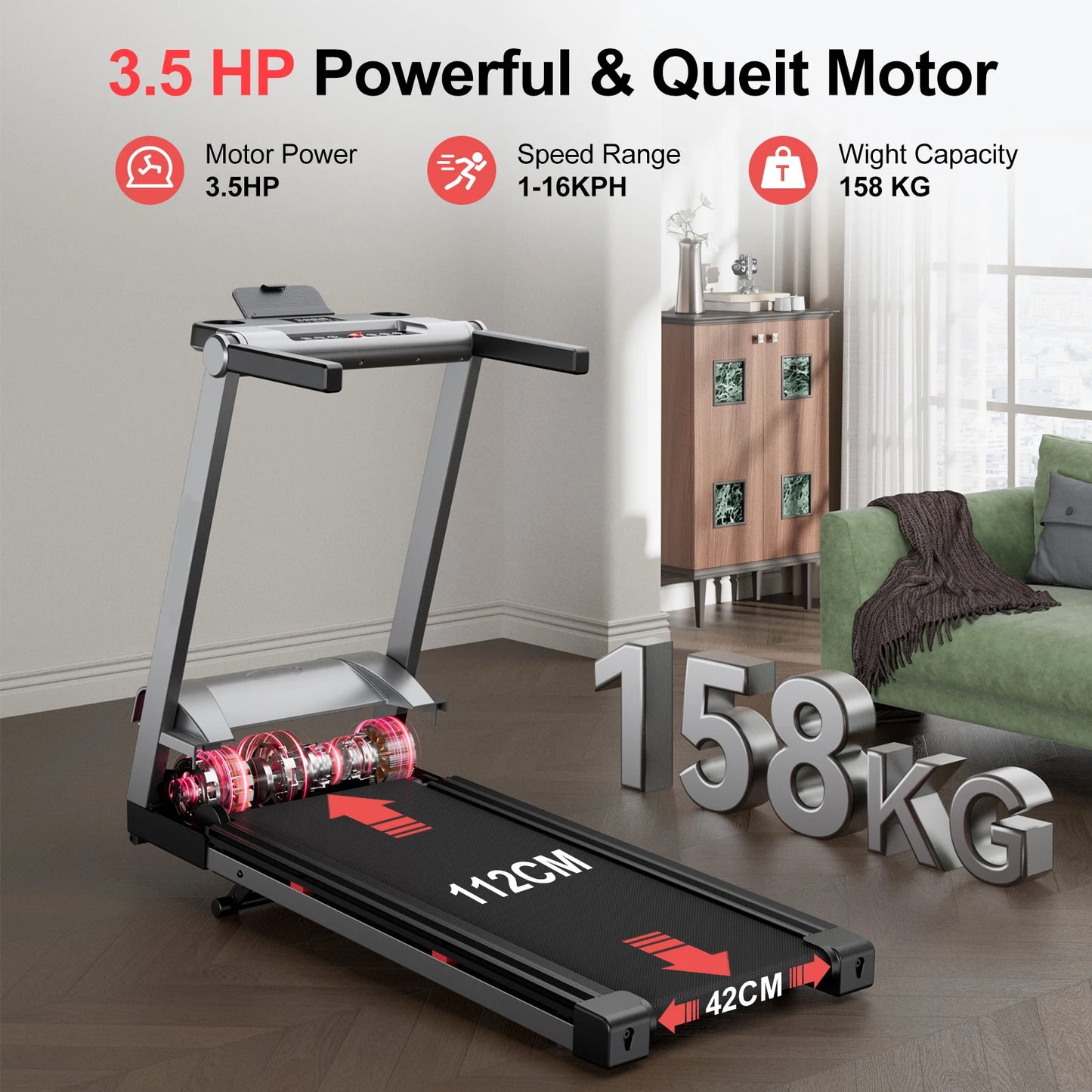 Superun Foldable Incline Treadmill With Touch Screen And App Monitoring