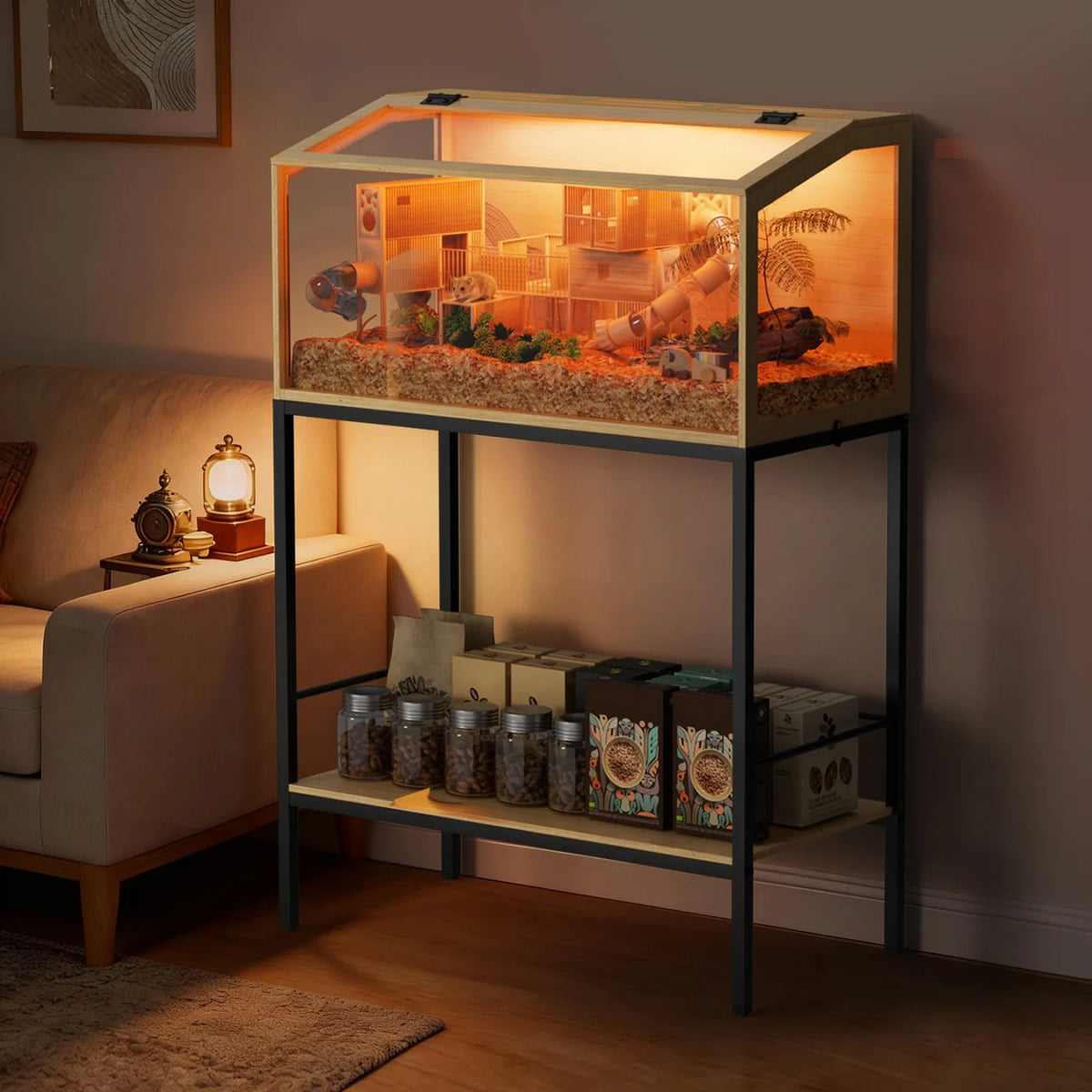 Chewproof Wooden Hamster Cage Tempered Glass Panels And LED Light