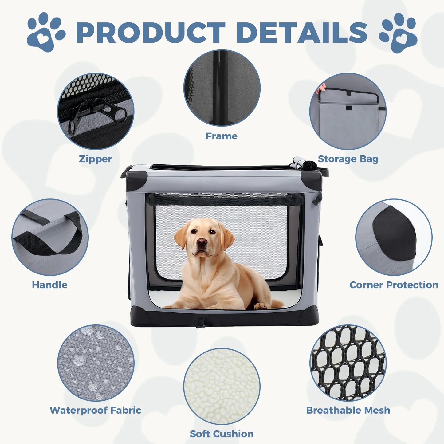 JHK Foldable Soft Dog Crate With 3 Doors Portable Indoor Kennel