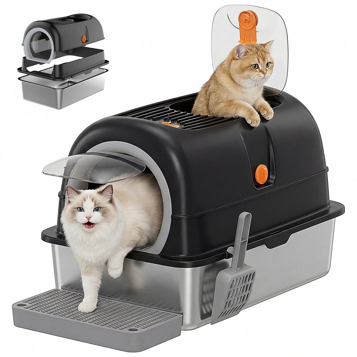 Stainless Steel Fully Enclosed Cat Litter Box With Mat Included
