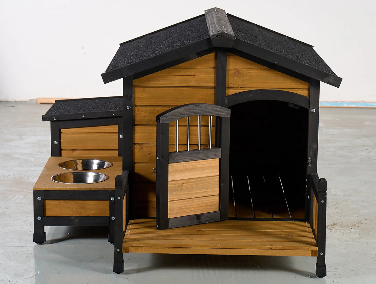 Waterproof Outdoor Wooden Dog Kennel with Double Bowls and Balcony
