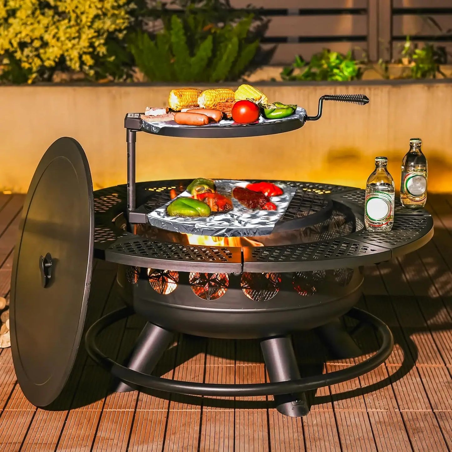 Outdoor Wood Burning Fire Pit With Cooking Grills And Lid