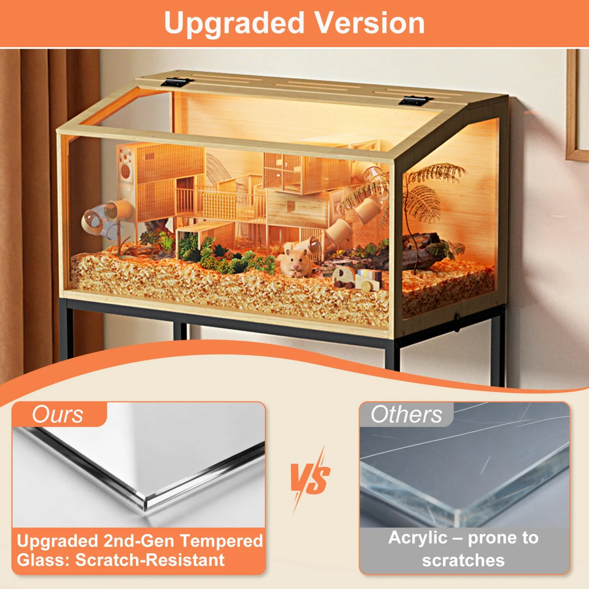 Chewproof Wooden Hamster Cage Tempered Glass Panels And LED Light
