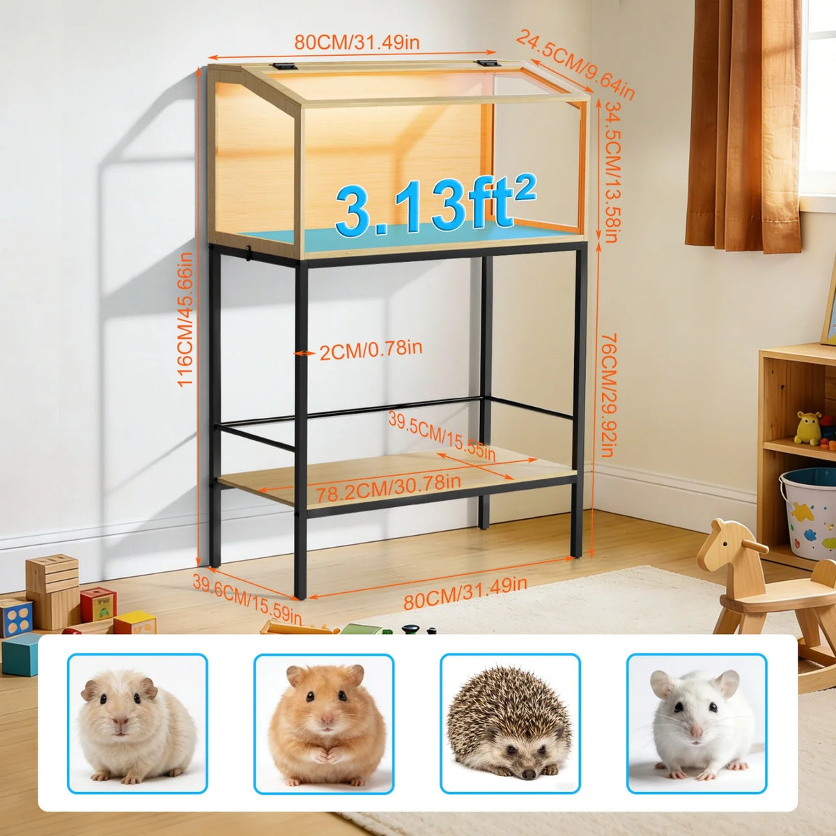 Chewproof Wooden Hamster Cage Tempered Glass Panels And LED Light