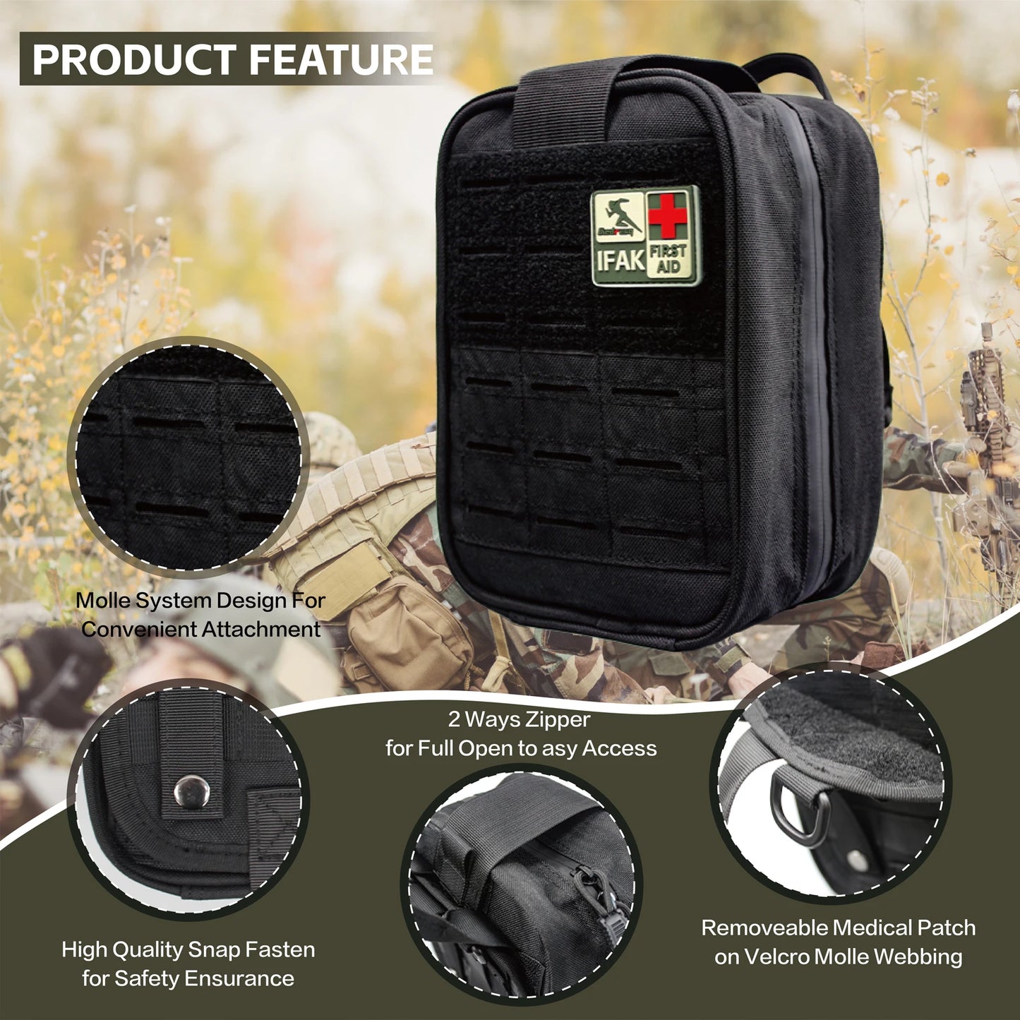 Medresq IFAK Trauma Kit - Tactical First Aid Wound Care Kit with Molle Pouch for Military Combat Car Camping