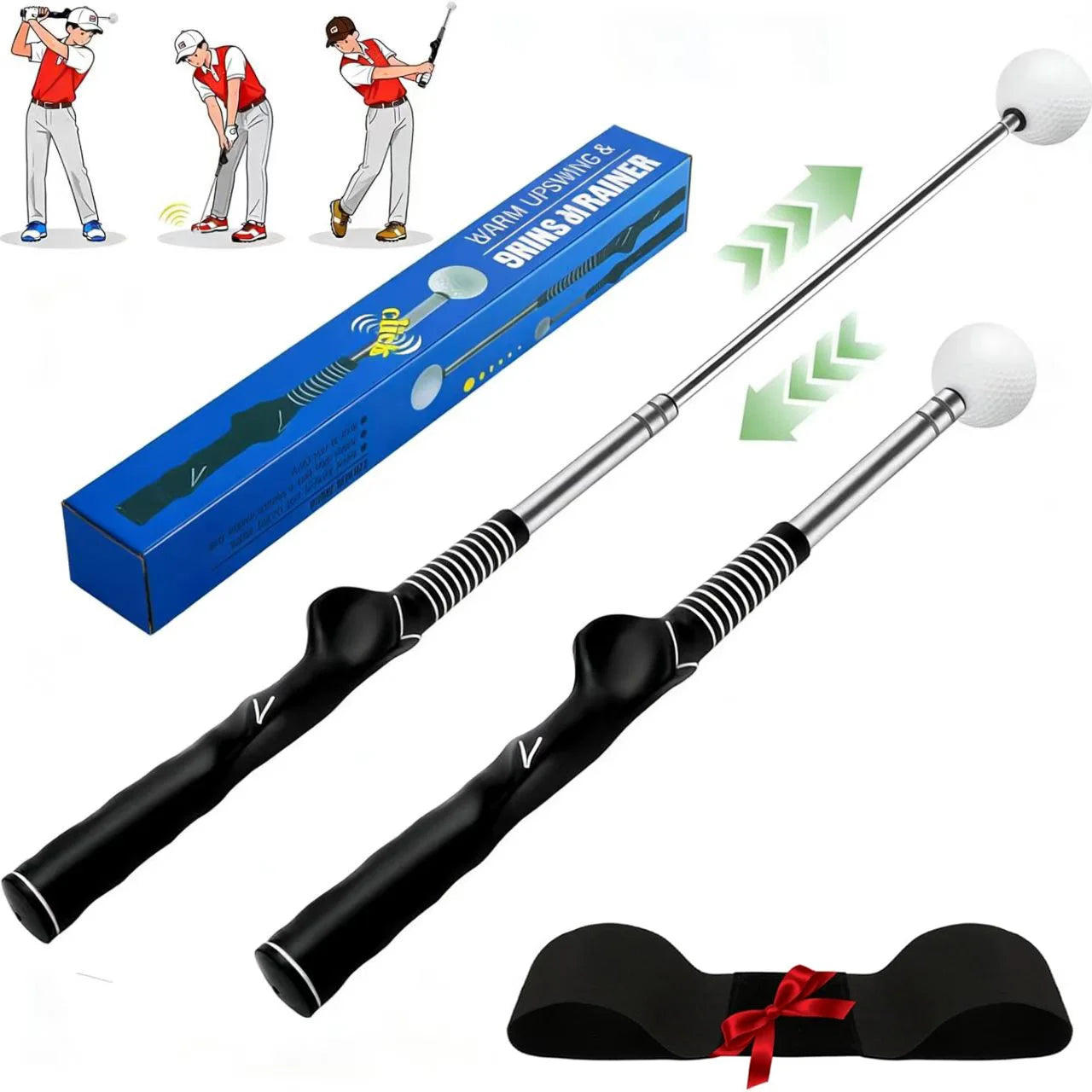 Retractable Golf Swing Trainer with Arm Band - Click Stick Golf Training Aid, Right/Left -Handed Golf Swing Practice Stick for Chipping & Hitting, Portable Indoor Outdoor Golf Practice Stick