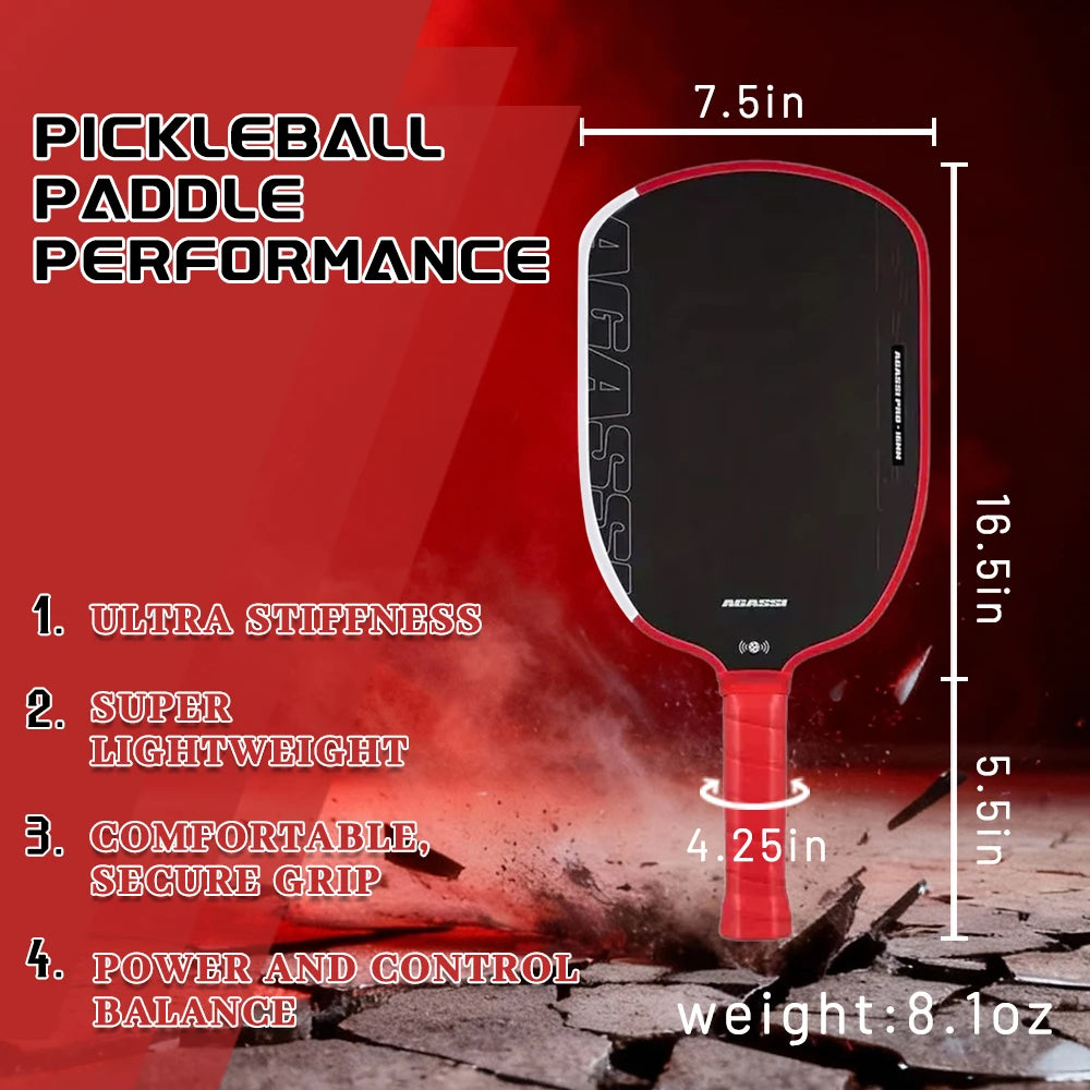 Agassi pro IV Pickleball Paddle 16mm Gen 4 TFP Foam Core T700 Carbon Fiber Ergonomic Grip Design for Increased Power And Spin