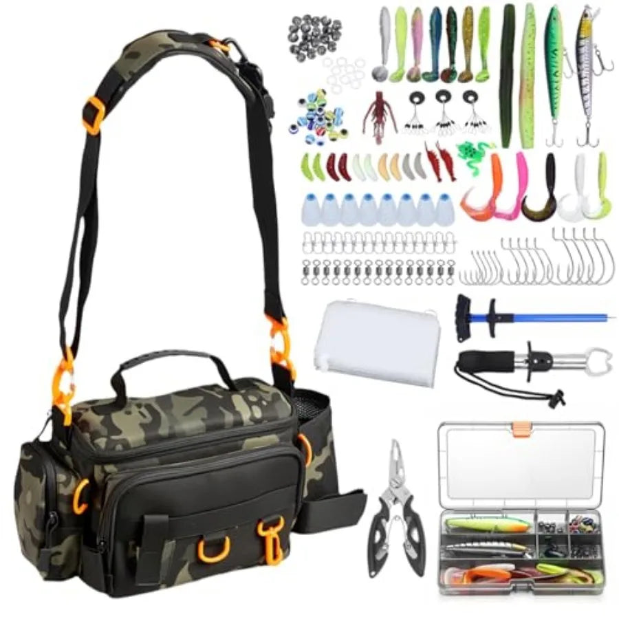 Fishing Tackle Bags With Tackle Box Waterproof Padded Strap 136 Pcs Lures Kit