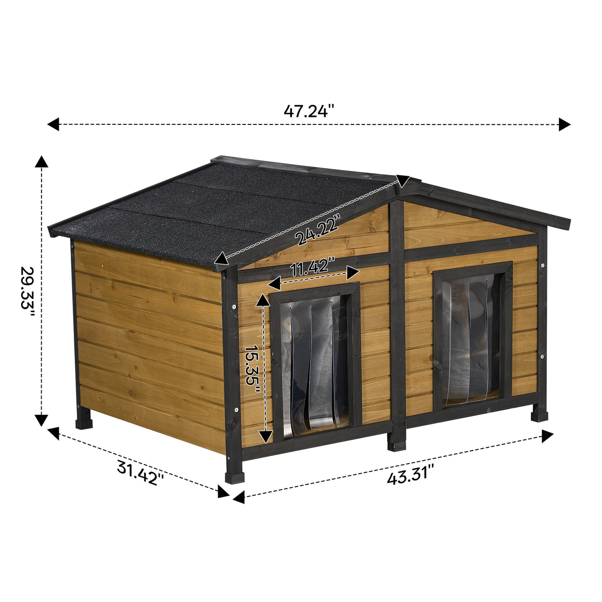 Natural Wood Double Door Outdoor Dog House With Waterproof Shelter