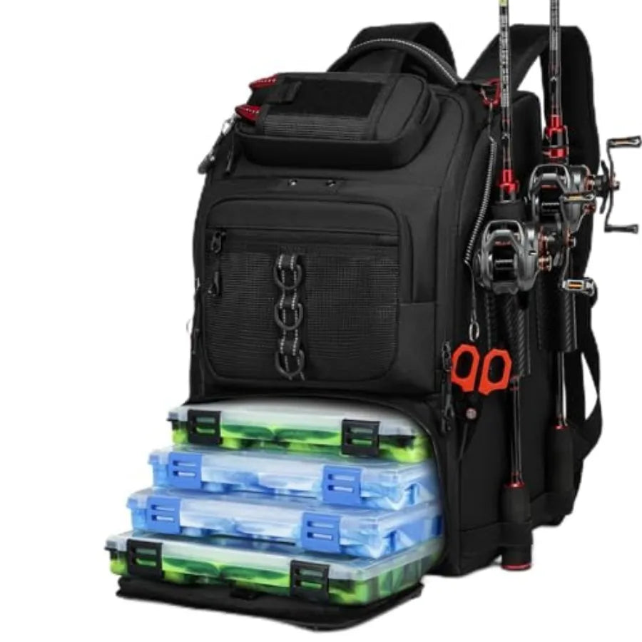 Fishing Tackle Backpack With Two Rod Holders And Gear Storage