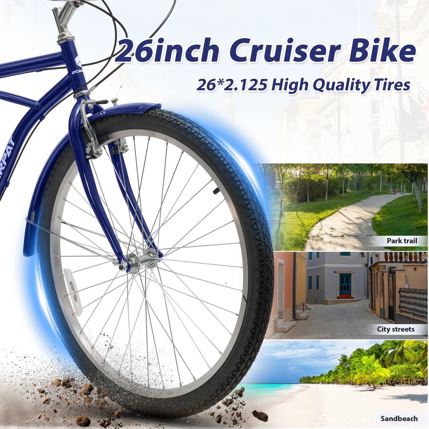26 Inch Beach Cruiser Bike for Men Women, 7 Speed Commuter Bicycle with Dual V-Brakes and High-Carbon Steel Frame, Comfortable City Bike for Adult