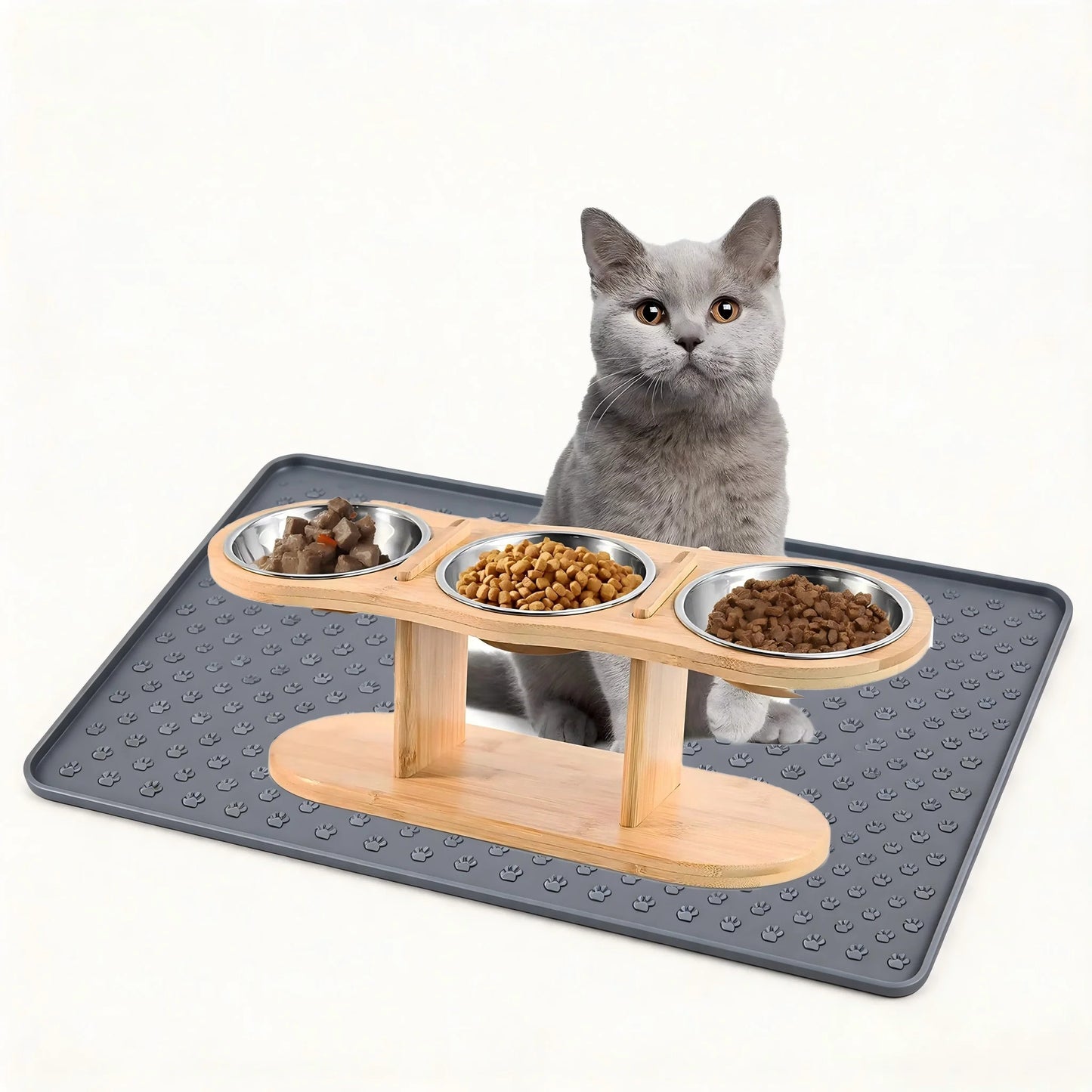 Cat 3 Stainless Steel Bowls Raised Feeder With Tilted 15 Silicone Mat Wood Stand