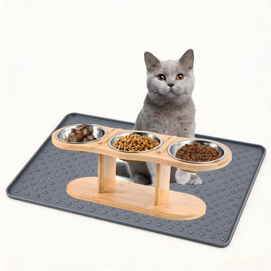 Cat 3 Stainless Steel Bowls Raised Feeder With Tilted 15 Silicone Mat Wood Stand
