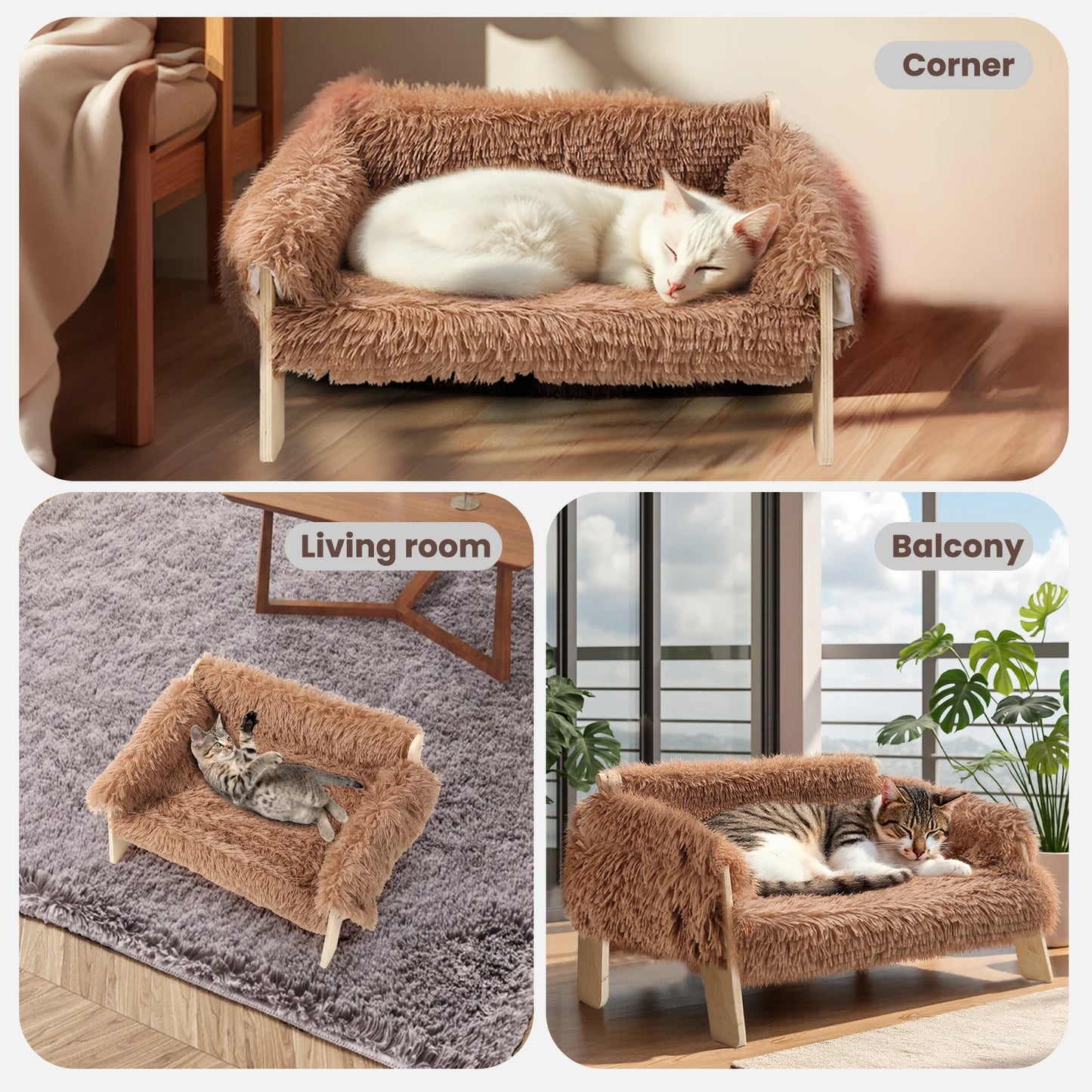 Raised Plush Cat Sofa Bed With Sturdy Wooden Legs Indoor