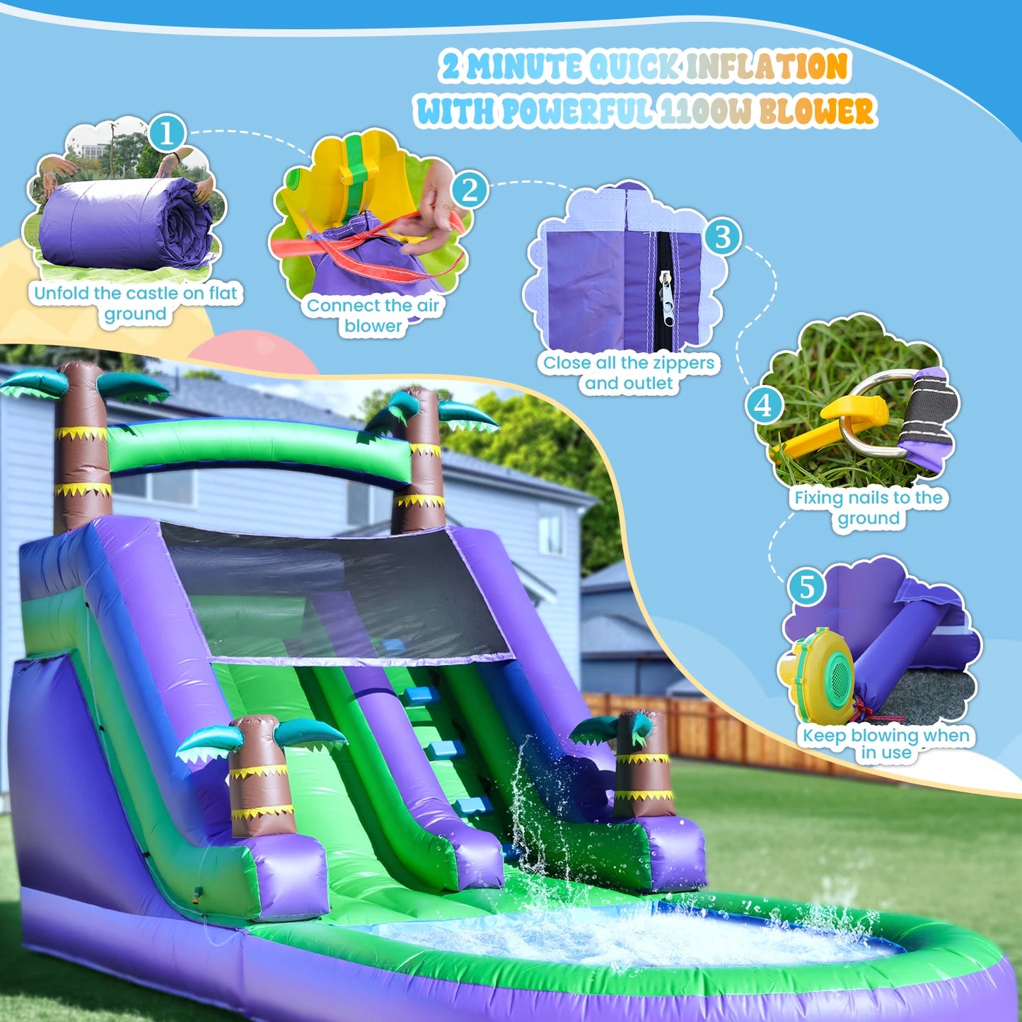 Commercial 100 Percent Pvc Inflatable Water Slide Pool With Blower