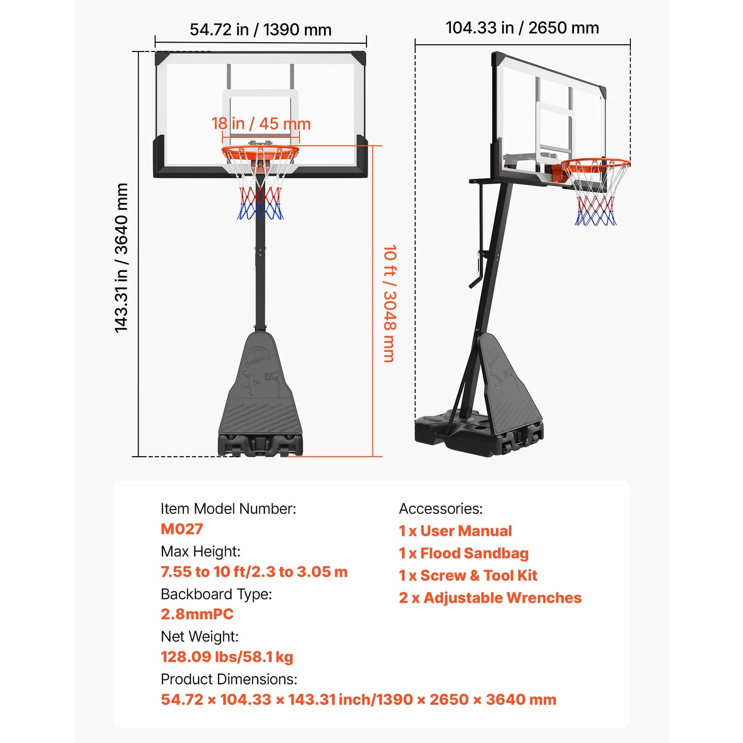 Portable Basketball Stand With Adjustable Height And Polycarbonate Backboard
