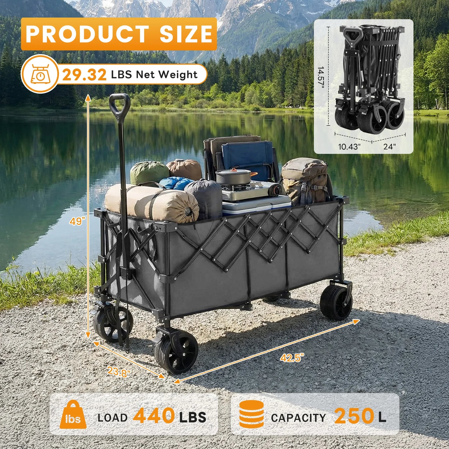 JHK Portable Collapsible Wagon Cart 440lbs Heavy Duty Utility