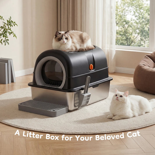Stainless Steel Fully Enclosed Cat Litter Box With Mat Included