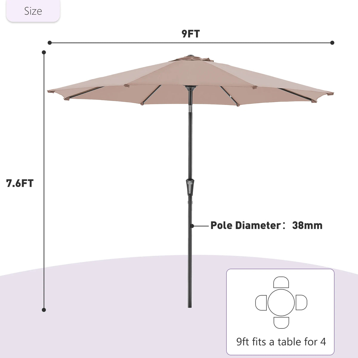 JHK Waterproof Patio Umbrella With Manual Tilt And Crank Lift