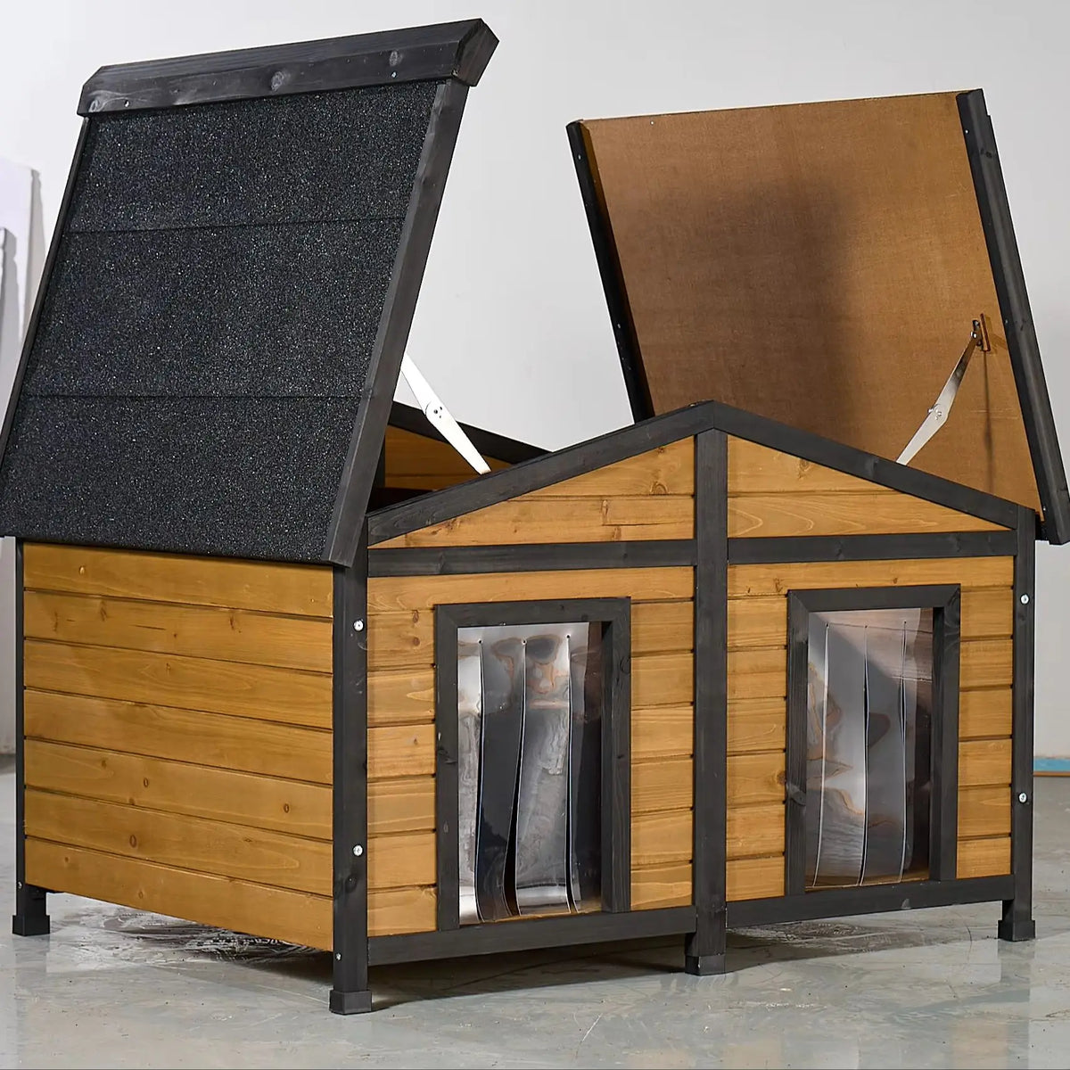 Natural Wood Double Door Outdoor Dog House With Waterproof Shelter
