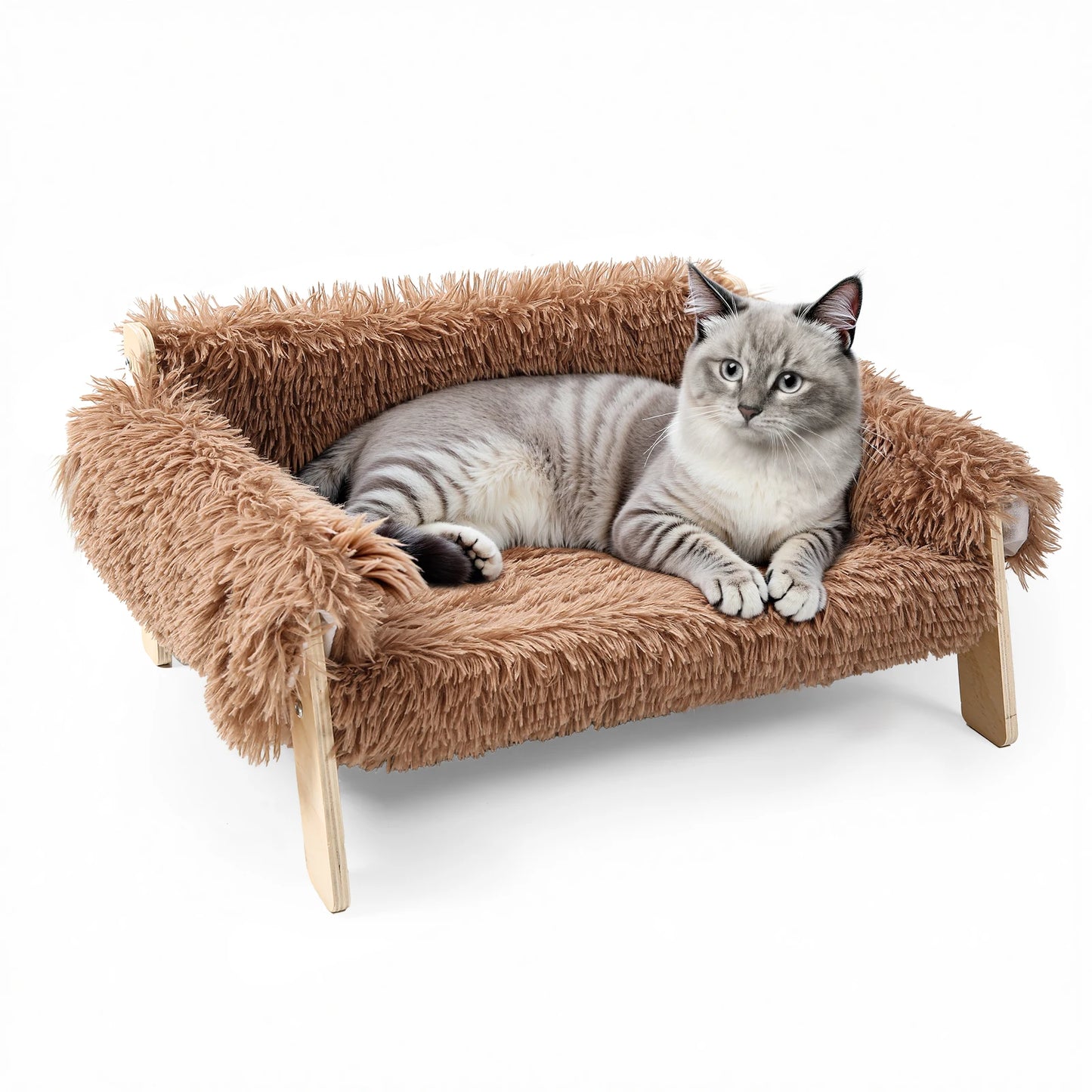Raised Plush Cat Sofa Bed With Sturdy Wooden Legs Indoor